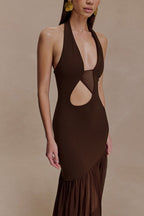 Asymmetrical Cutout Shirred Backless Fitted Maxi Dress