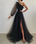 One shoulder tulle prom dress a line split formal gown event dresses