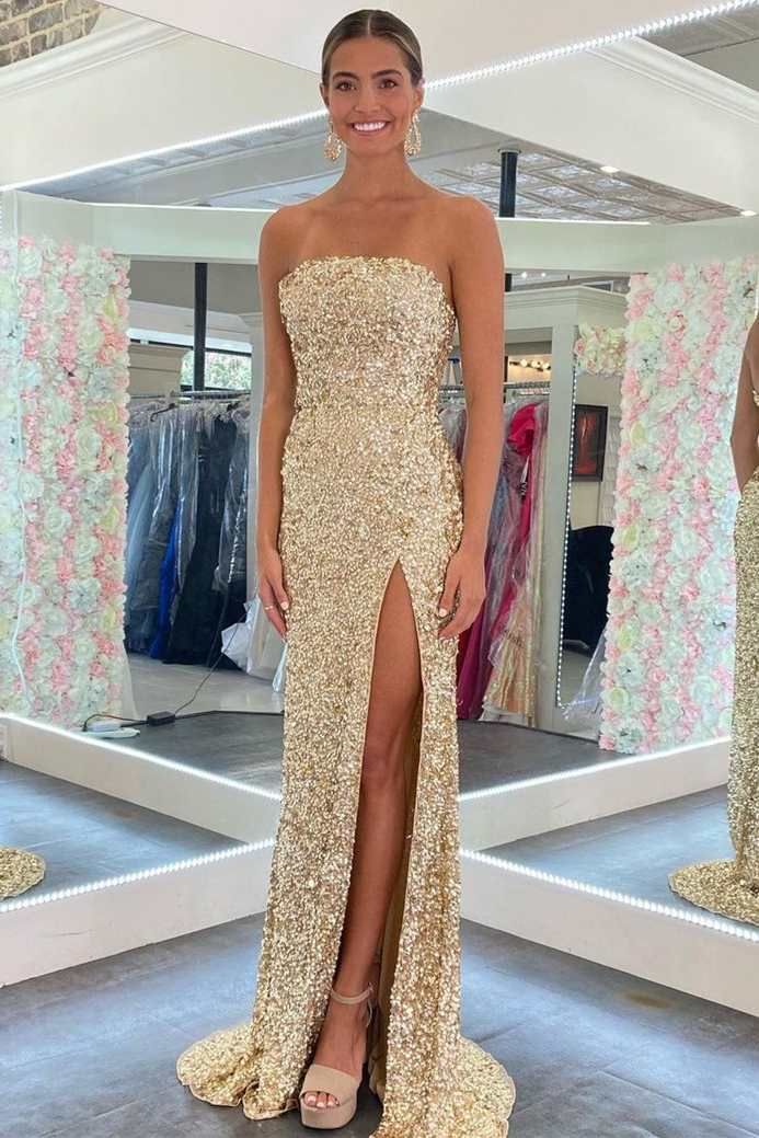 Vestido de fiesta de sirena sin tirantes y espalda descubierta con lentejuelas doradas