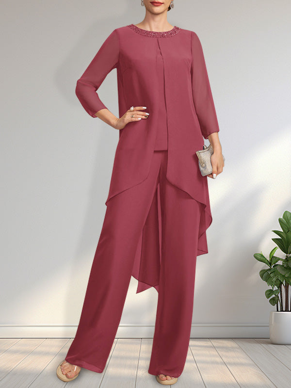 Vestido de gasa para madre de la novia, con escote redondo y largo hasta el suelo, con lentejuelas y abalorios, estilo mono/pantalón.