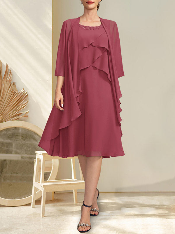 A-Linien-Chiffonkleid mit Rundhalsausschnitt und Perlenstickerei, knielang, für die Mutter der Braut