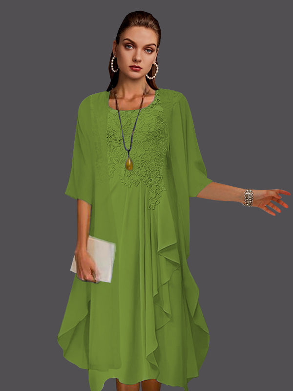 Zweiteiliges, ärmelloses A-Linien-Kleid aus Chiffonspitze mit Faltenapplikationen 