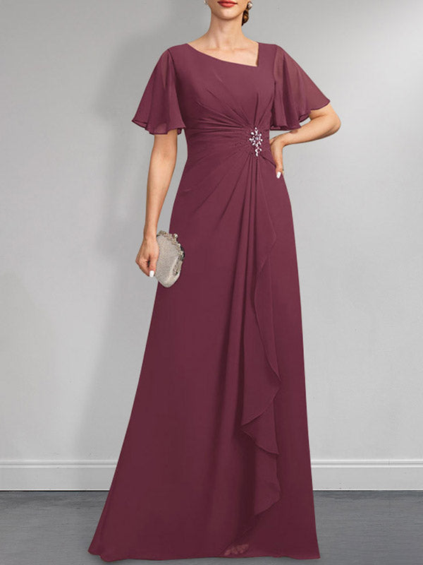 A-Linien-Kleid aus Chiffon in Bodenlänge mit asymmetrischem Schnitt, plissiert und mit Pailletten und Perlenstickerei