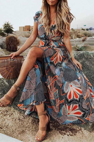 Vestido largo bohemio de manga corta con cuello en V 