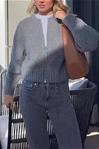 Crew-Neck Long-Sleeve Zip Solid Knit Cardigan