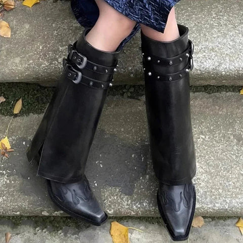 Herbst-Cowboystiefel für Damen, modisch, Schlupfstiefel, lange Rohrstiefel, quadratischer Absatz, Trend-Winterschuhe 