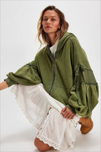 Oversized Lace Up Sleeve Zip Hoodie