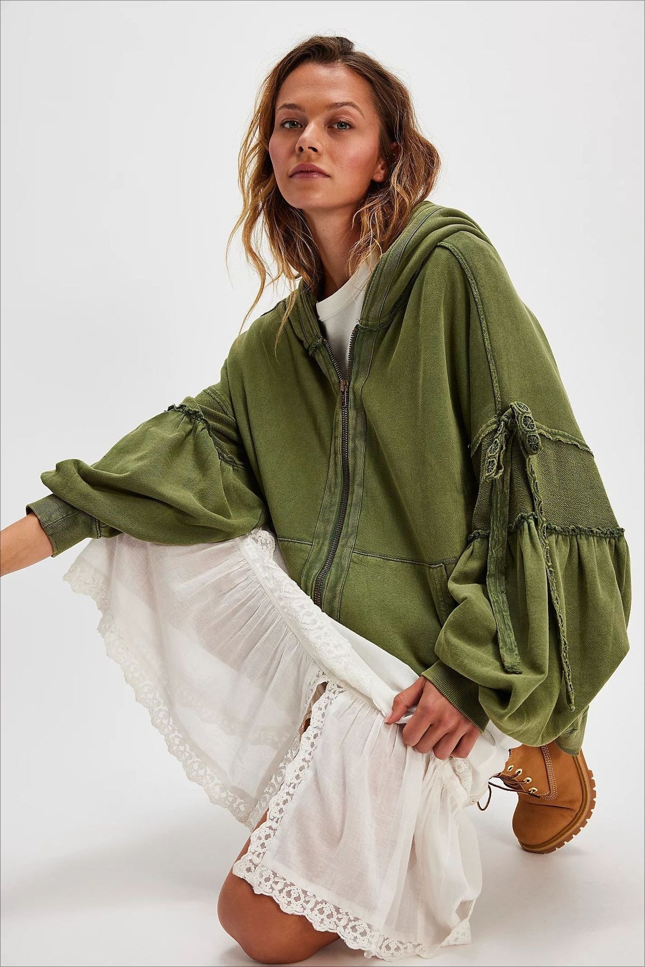 Oversized Lace Up Sleeve Zip Hoodie