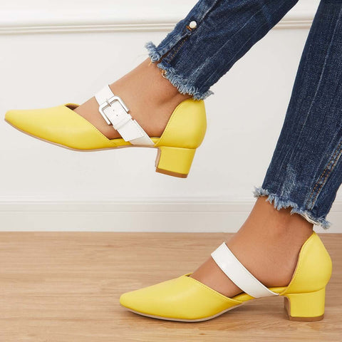 Block Low Heel Mary Jane Pumps Pointed Toe Buckle Dress Shoes