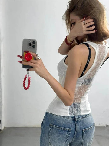 Camisetas sin mangas de verano Y2k para mujer, camisetas blancas de moda con encaje fino y retazos, camisola sin mangas, ropa de calle, diseño de corte bajo 