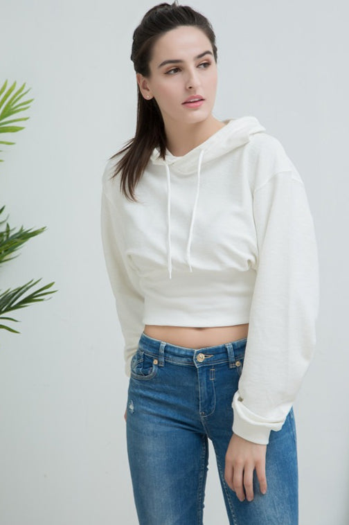 Cropped Hooded Waist Cinched Crop Top Slouchy Loose Hoodie