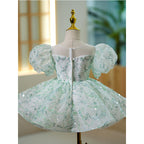 Ballkleid für Kleinkinder, Mädchen, Festkleid, Prinzessin, Grün, Pailletten, Puffärmel, Kommunionskleid 