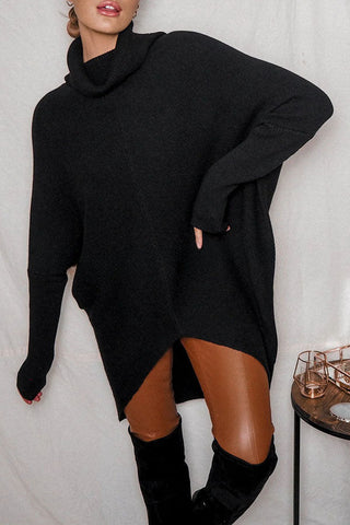 Suéter holgado midi de cuello alto con dobladillo alto y bajo, perfecto para paseos invernales 