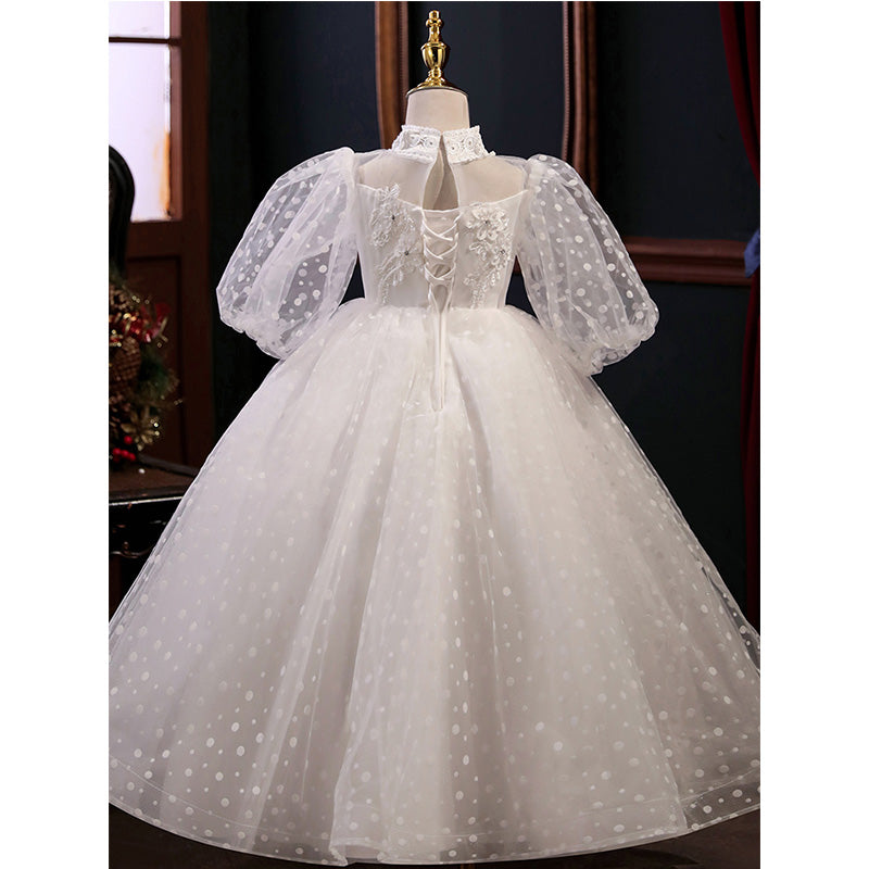 Vestido de niña de las flores para primera comunión, blanco, de princesa, de manga larga y esponjoso. 