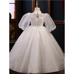Vestido de niña de las flores para primera comunión, blanco, de princesa, de manga larga y esponjoso. 