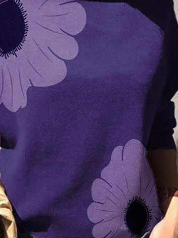 Long Sleeves Loose Flower Print Split-Joint High Neck T-shirts