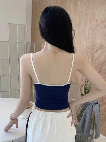 Tops cortos con sujetador acolchado para mujer, tops cortos lisos con cuello redondo, tops con estampado de letras de verano 2024, camisola de espagueti 