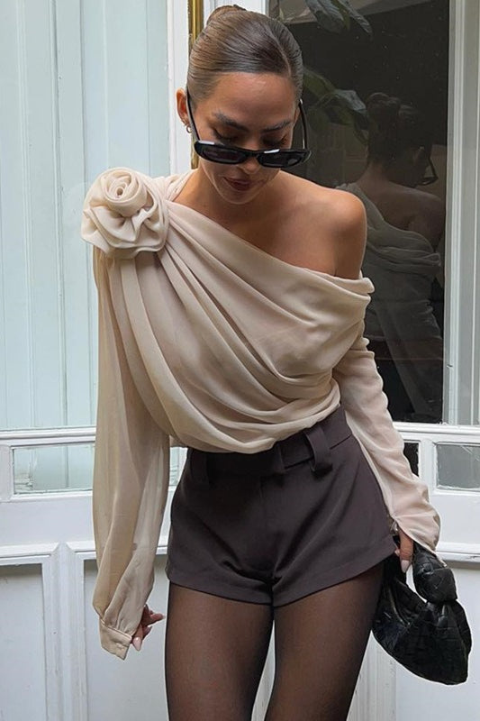 Sheer Mesh Floral Asym Chiffon Blouse