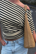 Vintage Asymmetrical Shoulder Striped Tie Waist T-shirt