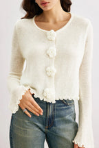 Slim-Fit 3D Floral Ruffled Pullover Knit Cardigan