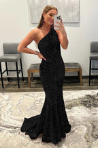 Vestido de fiesta de sirena con un solo hombro y lentejuelas negras