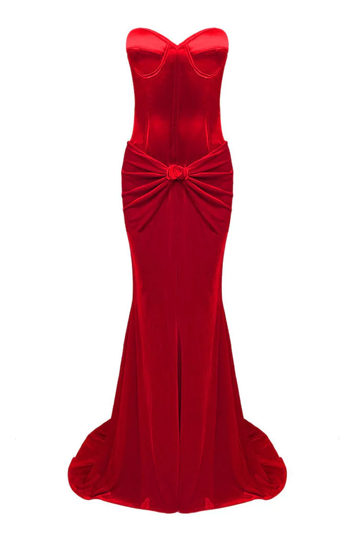 Vestido largo de dos piezas con escote en forma de corazón, satén, lazo y cintura alta con cola de pez 