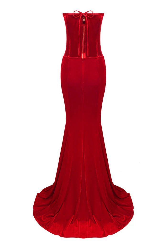 Vestido largo de dos piezas con escote en forma de corazón, satén, lazo y cintura alta con cola de pez 