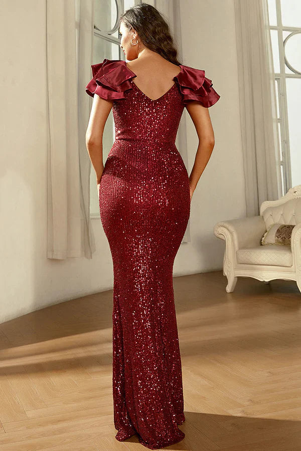 Vestido de noche formal de sirena con manga corta y lentejuelas