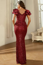 Vestido de noche formal de sirena con manga corta y lentejuelas