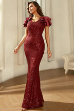 Vestido de noche formal de sirena con manga corta y lentejuelas