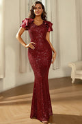 Vestido de noche formal de sirena con manga corta y lentejuelas
