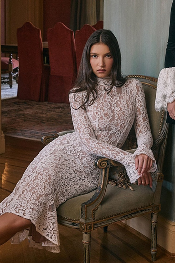 Round Neck Lace Long Sleeve Mermaid Midi Dress