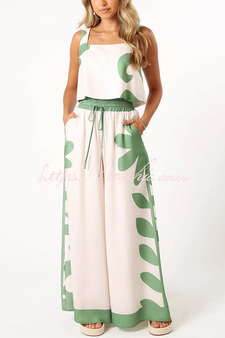 Conjunto de camiseta sin mangas con estampado elegante y pantalones anchos con cintura elástica y bolsillo 
