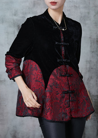 Elegante Schwarze Chinesische Taste Patchwork Samt Orientalischen Mäntel 