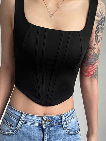 Tops cortos de verano 2024, sexys, con cuello cuadrado, ajustados, sin espalda, cortos, sin mangas, camisetas sin mangas para mujer, camisola básica informal de color sólido 