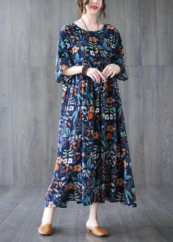 Lose dunkelblaue O-Ausschnitt Print faltige Robe Kleider Kurzarm 