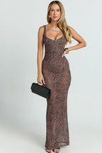 Leopard Mesh Cami Bodycon Jumpsuit Maxi Dress