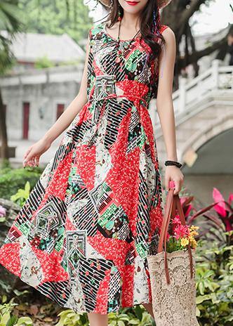 Bohemian red print cotton clothes Women sleeveless tie waist A Line summer Dresses