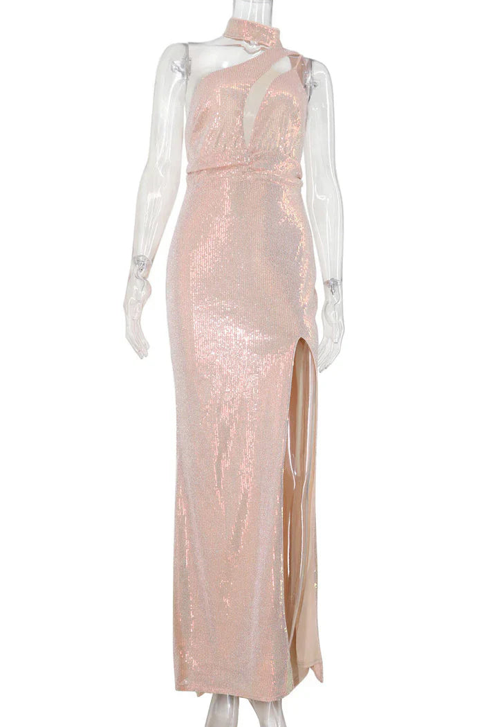 Long High Neck Slit Prom Evening Dresses
