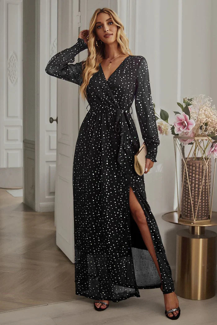Langärmliges V-Ausschnitt Maxikleid