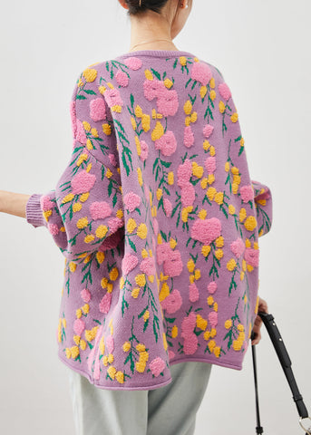 Cárdigan de punto jacquard con cuello redondo en rosa francés para invierno 