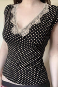 Deep V Neck Polka Dot Lace Blouse