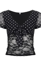 Polka Dot Waist Lace Splice Blouse