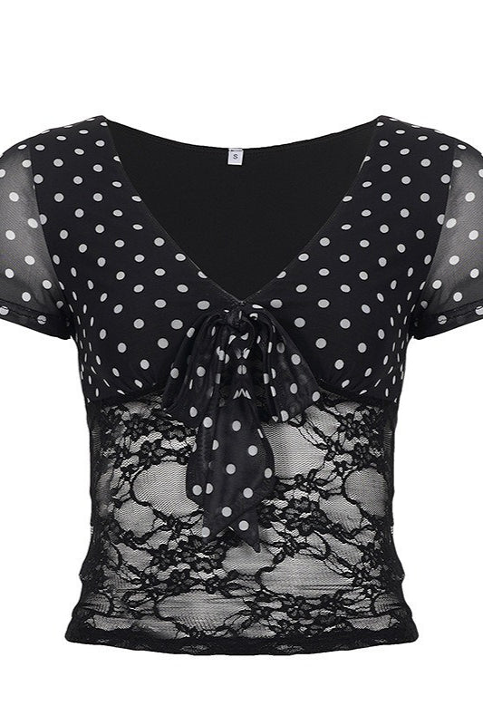 Polka Dot Waist Lace Splice Blouse