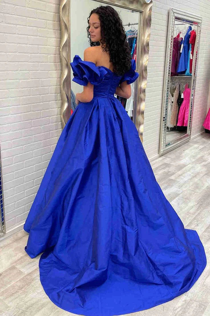 Flower Sleeves A-Line Evening Party Dress Blue Long Satin Prom Dress 2024