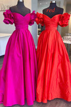 Flower Sleeves A-Line Evening Party Dress Blue Long Satin Prom Dress 2024