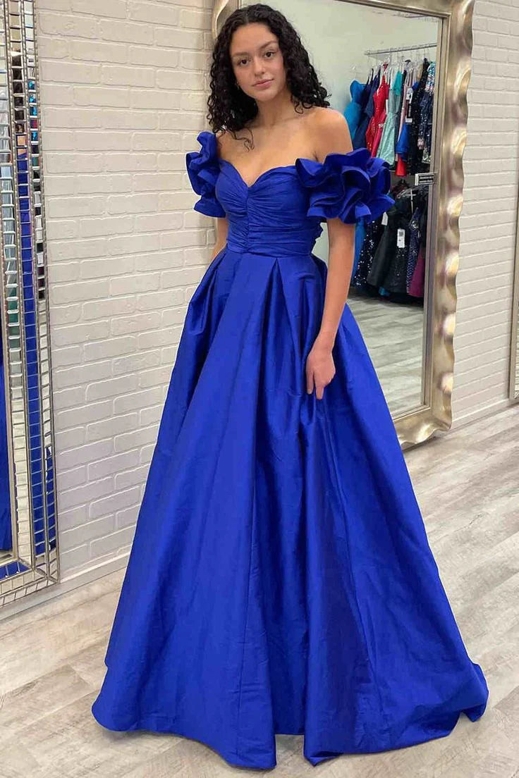 Flower Sleeves A-Line Evening Party Dress Blue Long Satin Prom Dress 2024