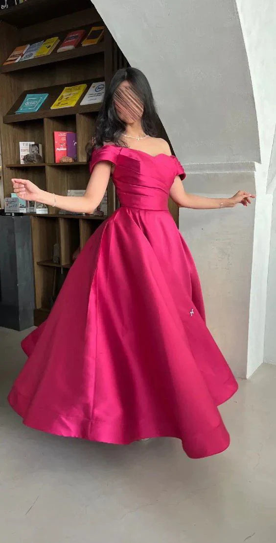 Fuchsia Off The Shoulder A-Line Party Dress Satin Prom Dress