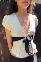 Deep V Neck Bow Tie Waist Blouse