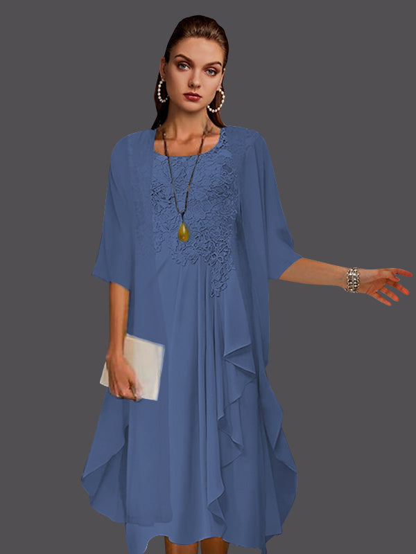 Zweiteiliges, ärmelloses A-Linien-Kleid aus Chiffonspitze mit Faltenapplikationen 